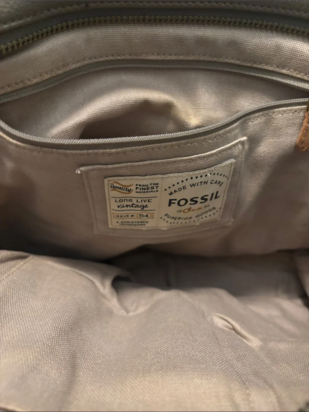 VTG Fossil Taupe Leather & Canvas Tote Shoulder Bag w/Tan Accents Pockets Galore